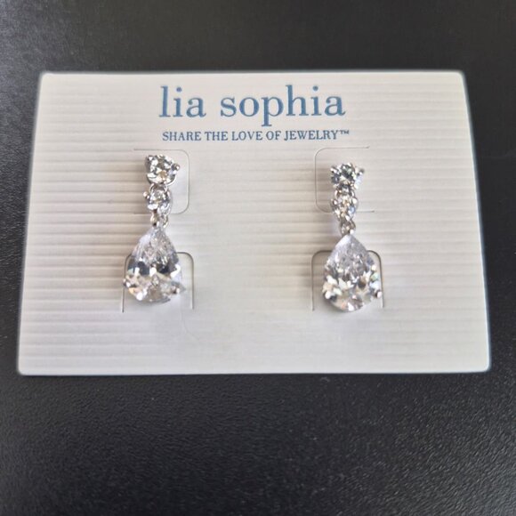 Lia Sophia Earrings Wedding Bells CZ 3 Stone Tear Drop Silver Tone 7 Carat Total - Picture 1 of 8